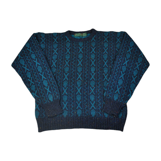 Vintage Knitwear Sweater Retro Pattern Blue Small