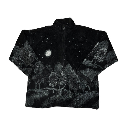 Vintage Fleece Jacket Night Landscape Pattern Black Large