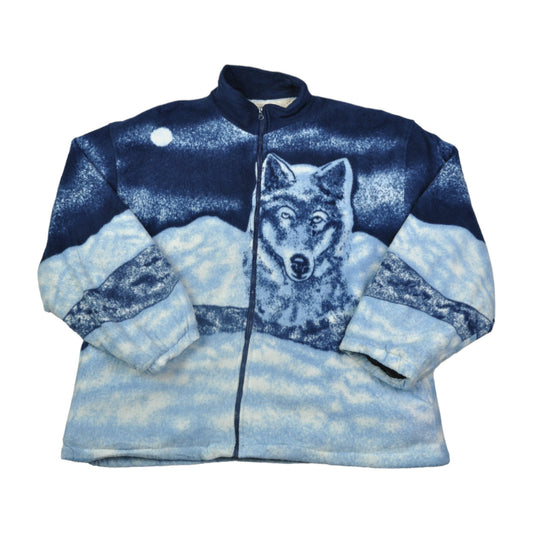 Vintage Fleece Jacket Wolf Pattern Blue Ladies XXXL