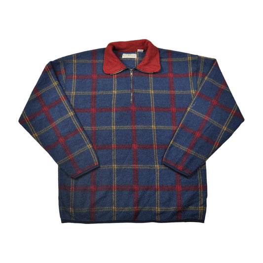 Vintage Fleece 1/4 Zip Retro Checked Blue Medium