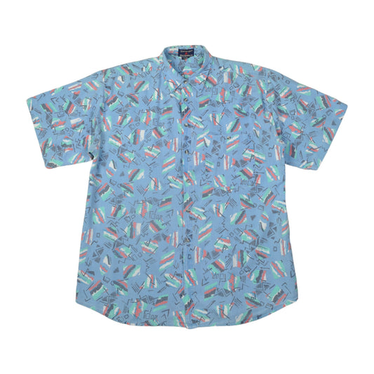 Vintage Shirt 90s Pattern Short Sleeve Blue Large