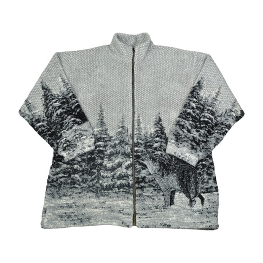 Vintage Fleece Jacket Wolf Pattern Grey XL