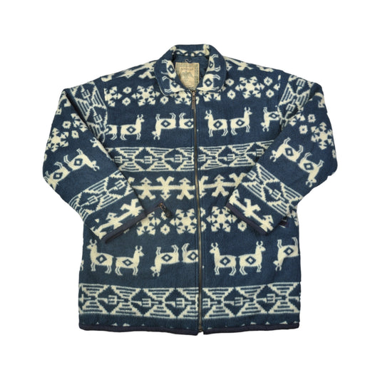 Vintage Fleece Jacket Retro Pattern Blue Small