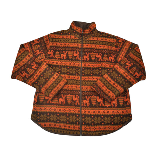 Vintage Reversible Fleece Jacket Retro Pattern Orange Ladies Large