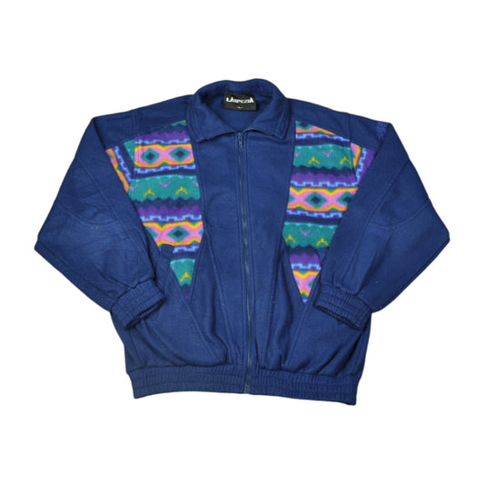 Vintage Fleece Jacket Retro Pattern Blue Large