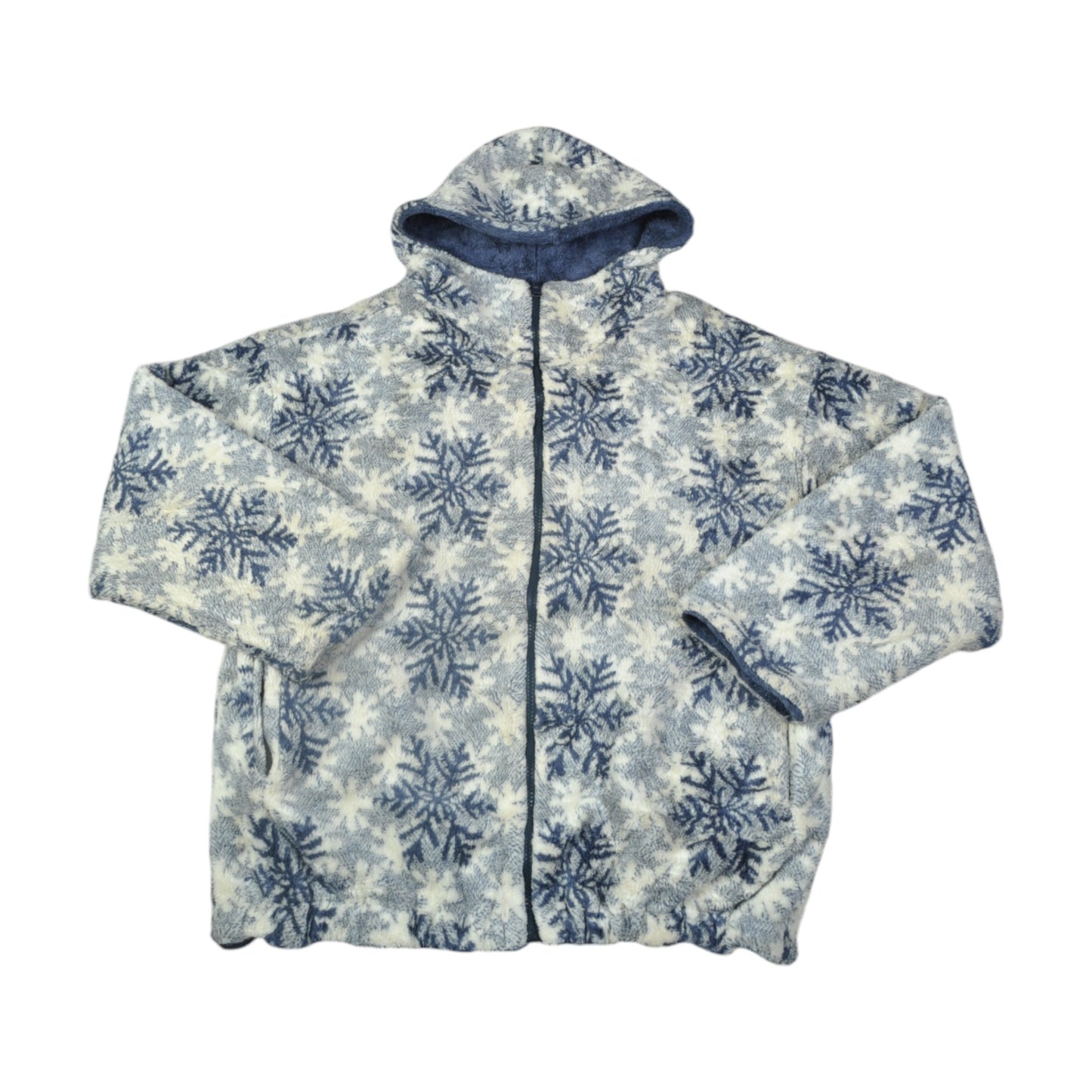 Vintage Reversible Fleece Jacket Snowflakes Pattern Blue Medium