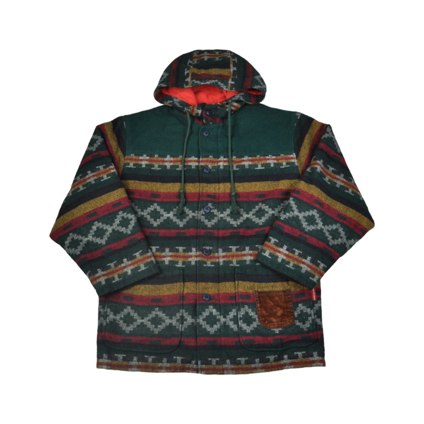 Vintage Hooded Jacket Aztec Retro Pattern Green XS