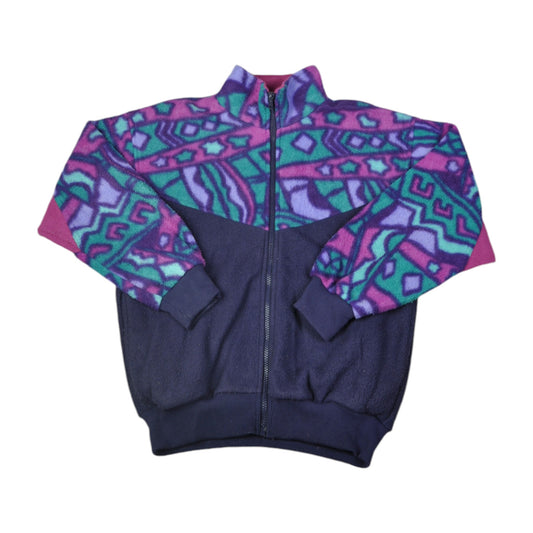 Vintage Fleece Jacket Retro Pattern Blue Ladies XS