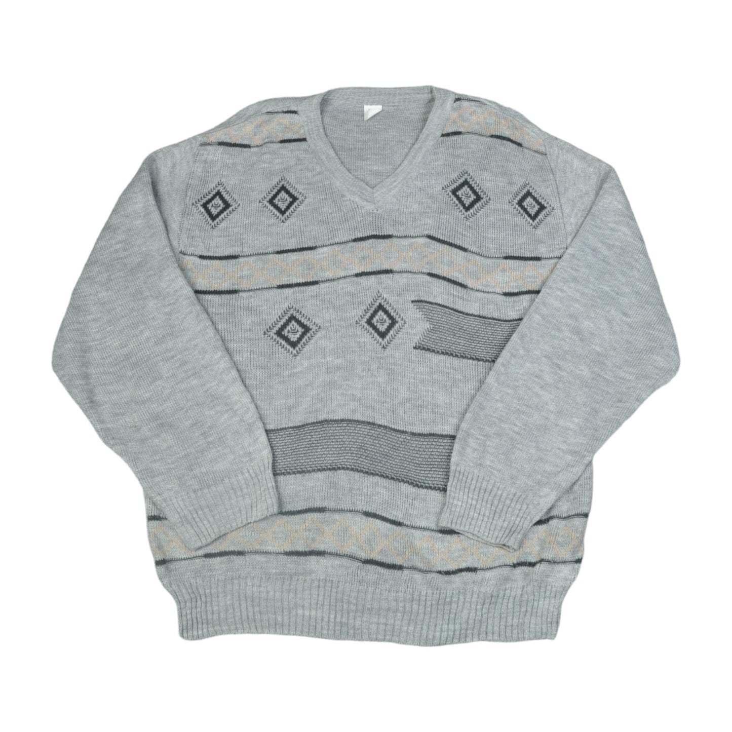 Vintage V-Ausschnitt Strickpullover Retro Muster Grau Groß