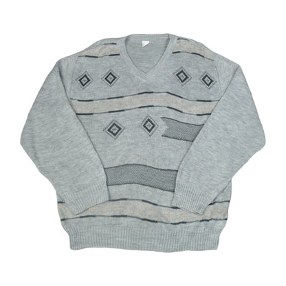 Vintage V-Ausschnitt Strickpullover Retro Muster Grau Groß