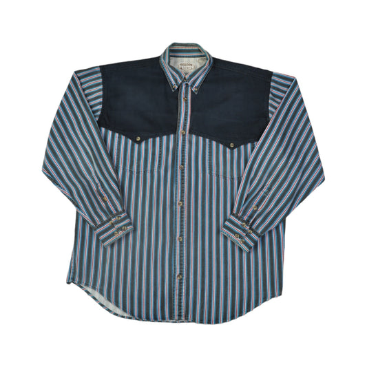 Vintage Western Shirt 90s Stripe Pattern Long Sleeve Blue Large