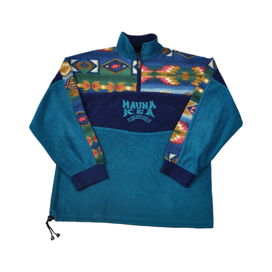 Vintage Fleece 1/4 Zip Mauna Kea Aztec Retro Pattern Blue Medium