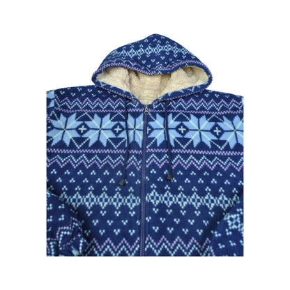 Vintage Hooded Fleece Jacket Retro Pattern Blue Ladies XXL