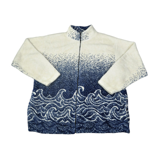 Vintage Fleece Jacket Waves Pattern Blue XL