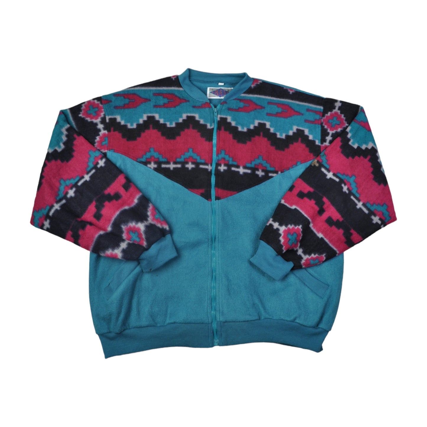 Vintage Fleece Jacket Retro Aztec Pattern Blue XL