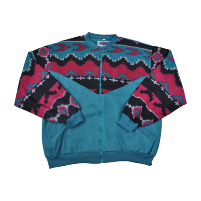 Vintage Fleece Jacket Retro Aztec Pattern Blue XL