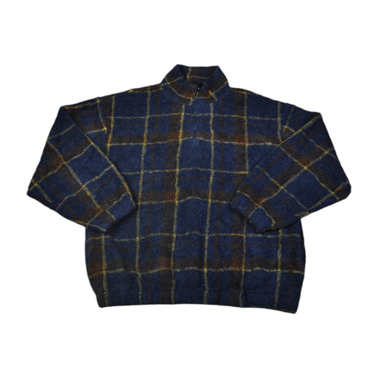 Vintage Fleece 1/4 Zip Checked Pattern Blue XL