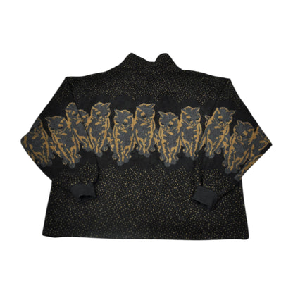 Vintage Fleece Jacket Cat Pattern Black XL