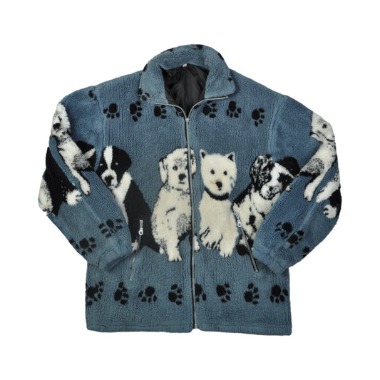 Vintage Fleece Jacket Puppy Pattern Blue Ladies Medium