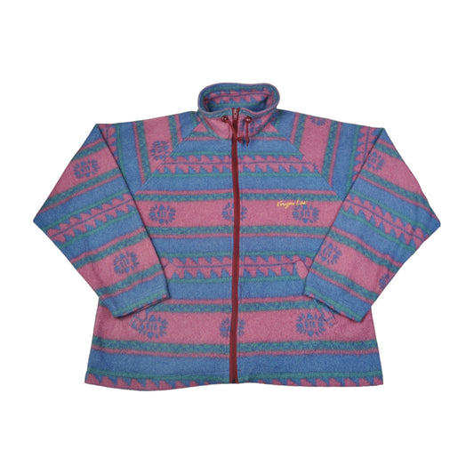 Vintage Fleece Jacket Retro Pattern Pink Medium