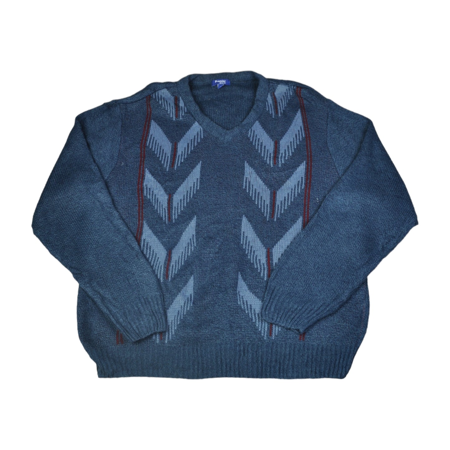 Vintage V-Neck Knitwear Sweater Retro Pattern Blue Medium