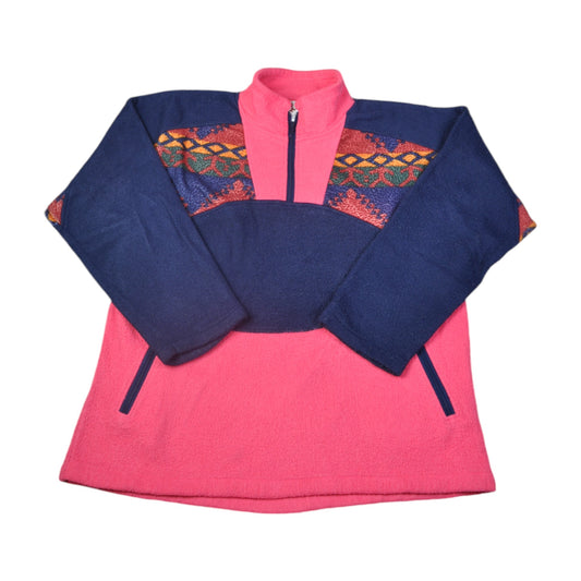 Vintage Fleece 1/4 Zip Retro Pattern Pink Medium