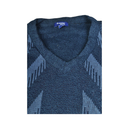 Vintage V-Neck Knitwear Sweater Retro Pattern Blue Medium