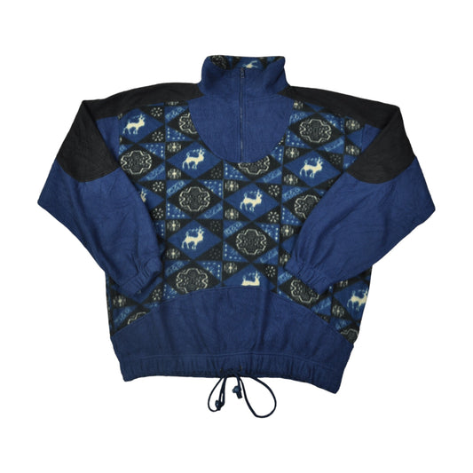 Vintage Fleece 1/4 Zip Retro Pattern Blue Large