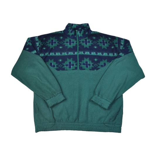 Vintage Fleece 1/4 Zip Retro Pattern Green Medium