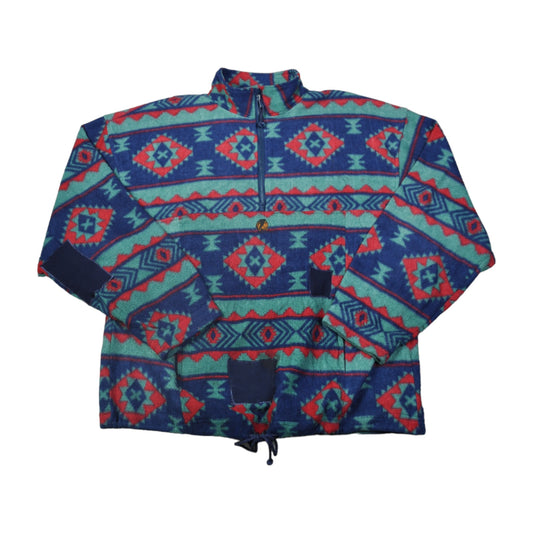 Vintage Fleece 1/4 Zip Aztec Retro Pattern Blue XL