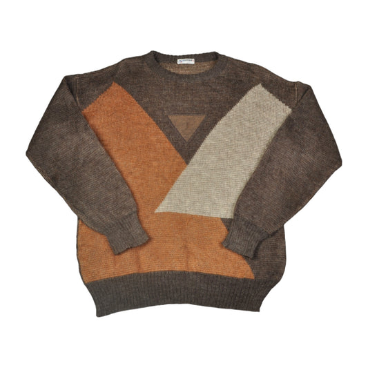 Vintage Crew Neck Knitwear Sweater Retro Pattern Brown Medium