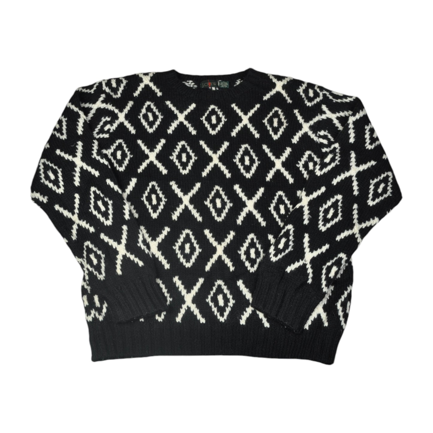 Vintage Knitwear Sweater Diamonds and Crosses Pattern Black Large