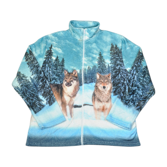 Vintage Fleece Jacket Wolf Pattern Blue Ladies Large