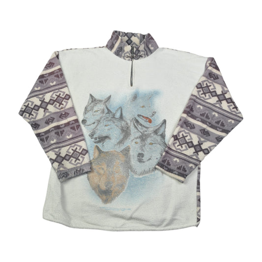 Vintage Fleece 1/4 Zip Wolf Pattern White Ladies Medium