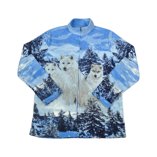 Vintage Fleece Jacket Wolf Pattern Blue Ladies Small