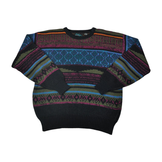 Vintage Crew Neck Knitwear Retro Pattern Sweater Multi Small