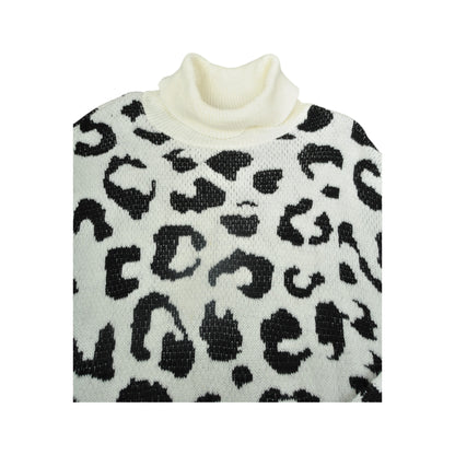 Vintage Knitwear High Neck Sweater Jumper Leopard Print White Ladies Medium