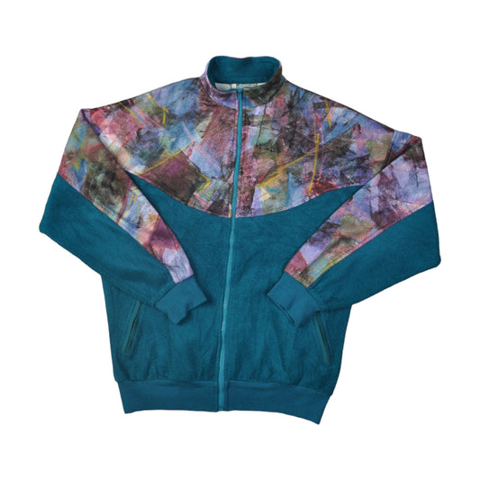 Vintage Fleece Jacket Retro Pattern Blue Medium