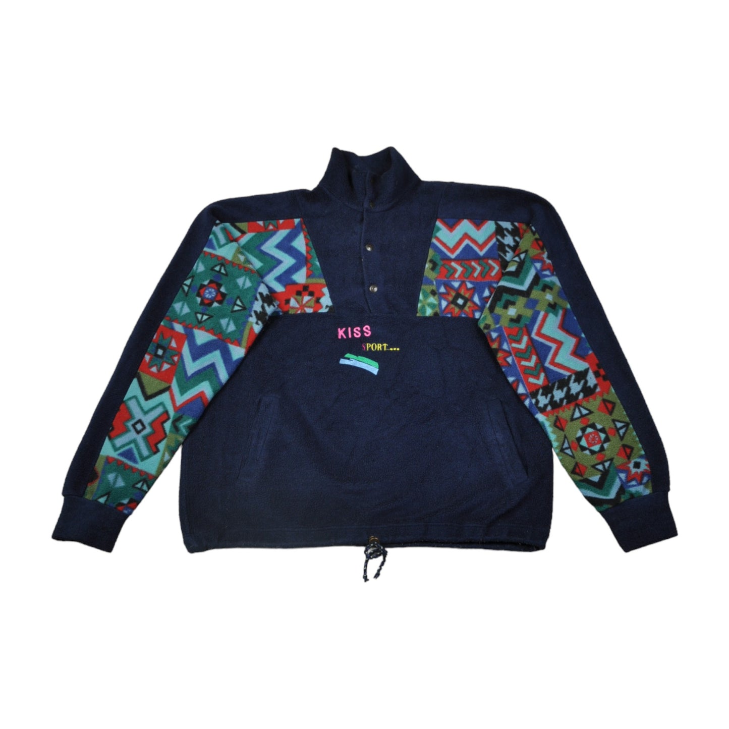 Vintage Fleece 1/4 Button Up Aztec Pattern Blue Medium