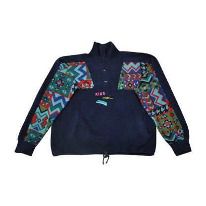 Vintage Fleece 1/4 Button Up Aztec Pattern Blue Medium