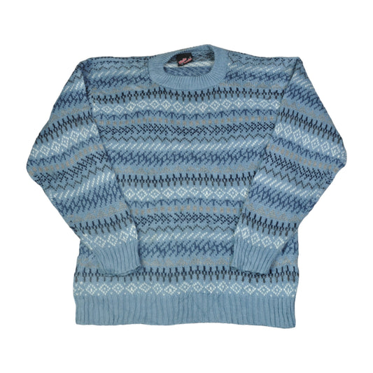 Vintage Crew Neck Knitwear Sweater Retro Pattern Blue Small