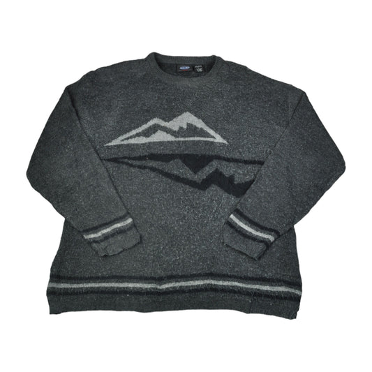 Vintage Crew Neck Strickpullover Retro Muster Grau Groß