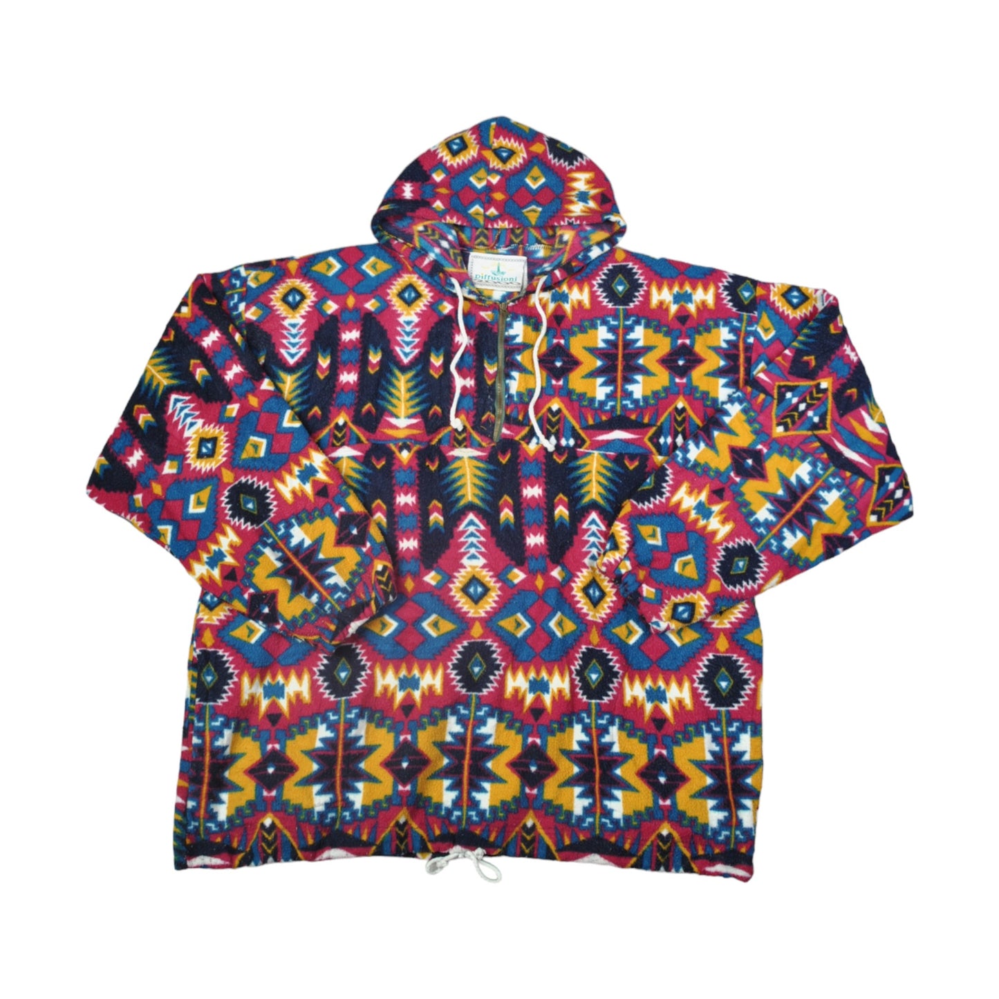 Vintage Hooded Fleece 1/4 Zip Retro Pattern Multi Large