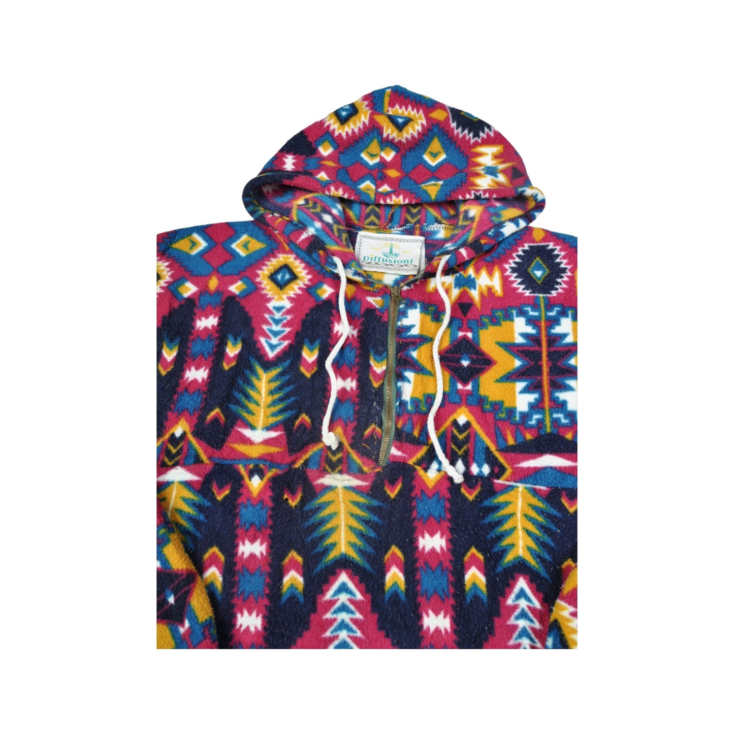 Vintage Hooded Fleece 1/4 Zip Retro Pattern Multi Large