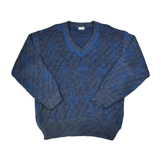 Vintage V-Ausschnitt Strickmuster Pullover Blau Medium