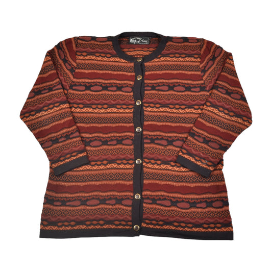 Vintage Coogi Style Knitwear Cardigan Retro Pattern Orange Ladies Medium