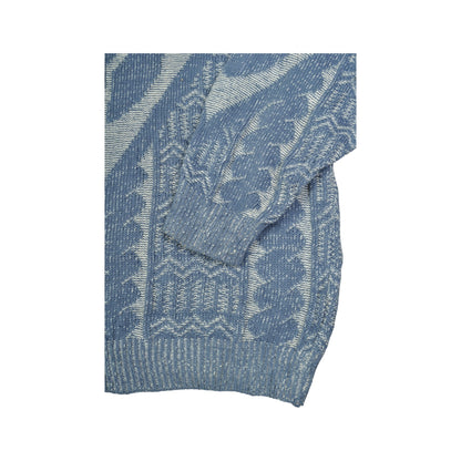 Vintage V Neck Knitwear Pattern Sweater Blue Large