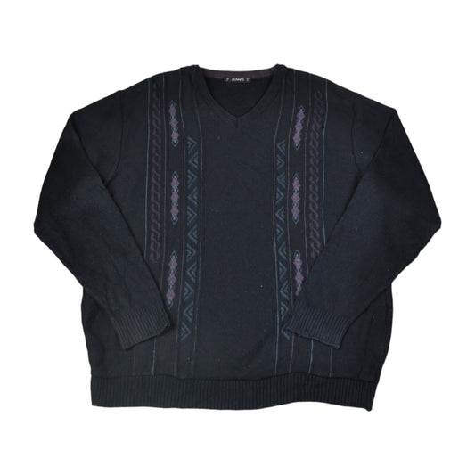 Vintage V-Neck Knitwear Sweater Retro Pattern Black Medium