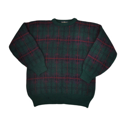 Vintage Knitwear Sweater Checked Pattern Green Small