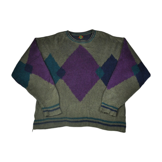 Vintage Knitwear Sweater Diamond Pattern Multi Large